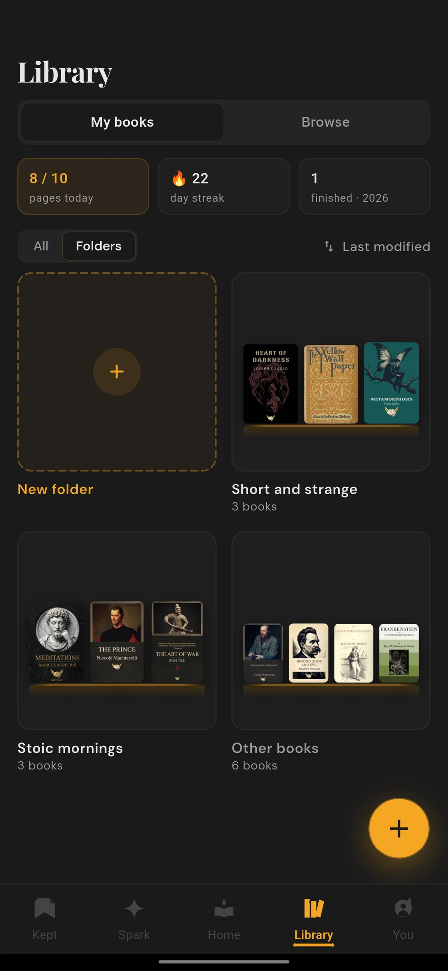 Folders view: Stoic mornings, Short and strange and Other books, each shown as a small shelf of covers