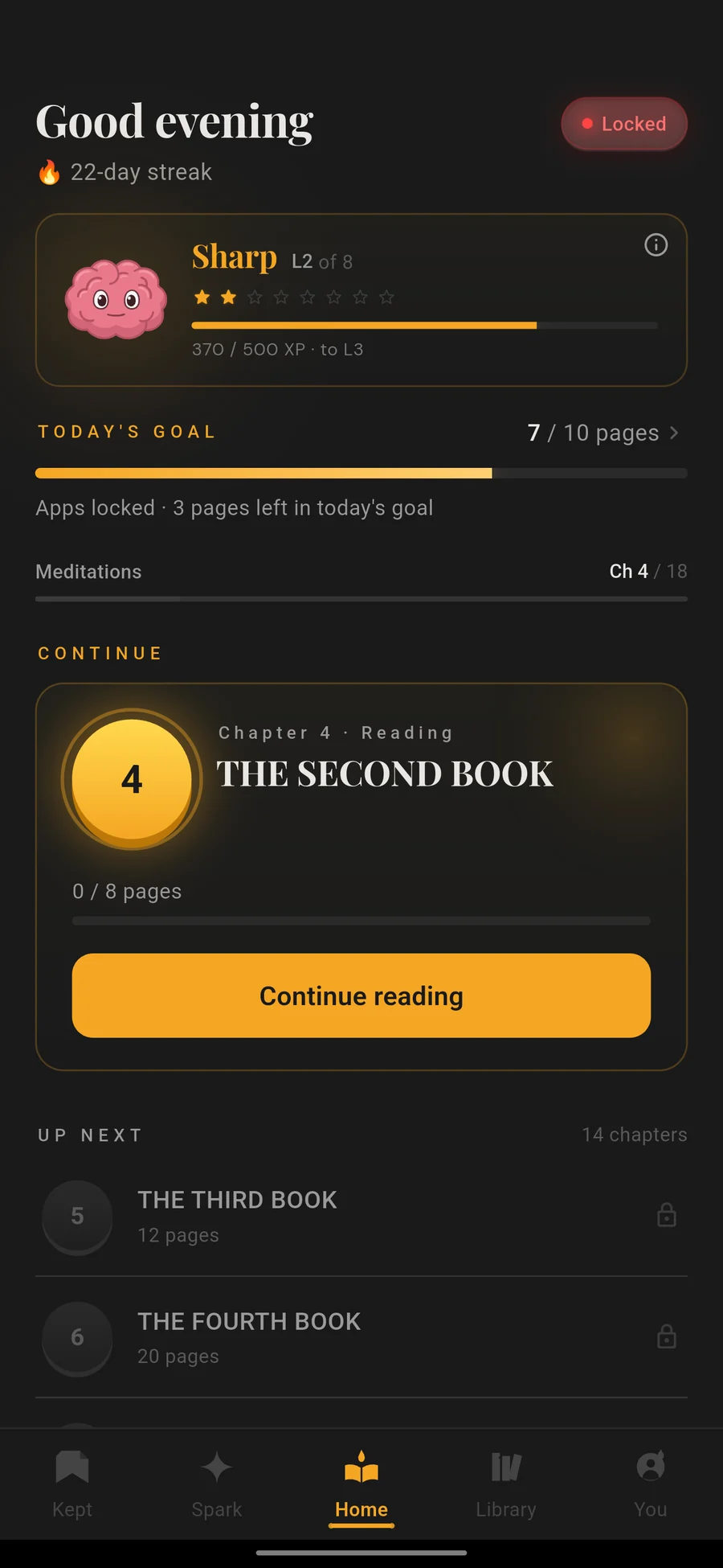 FirstPage home screen: 22-day streak, Sharp brain, 7 of 10 pages read today, apps locked