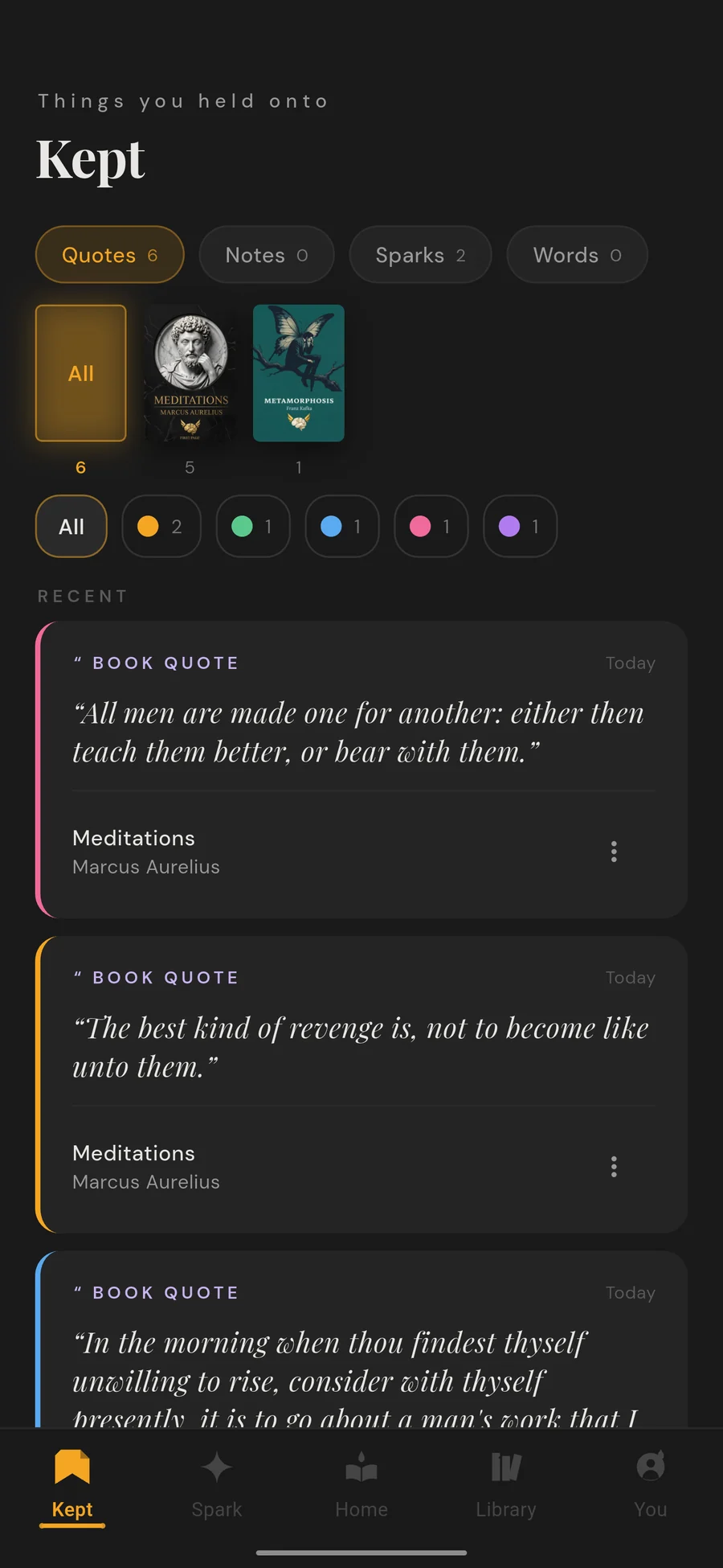 Kept: saved quotes from Meditations and Metamorphosis, filtered by color
