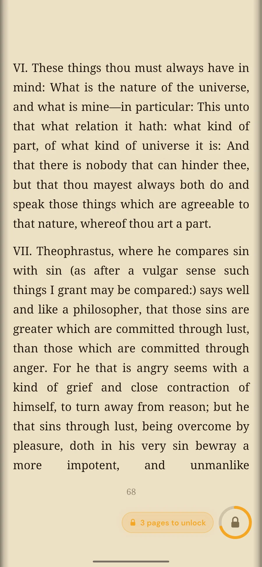 The FirstPage reader showing Meditations on the Sepia theme, 3 pages to unlock