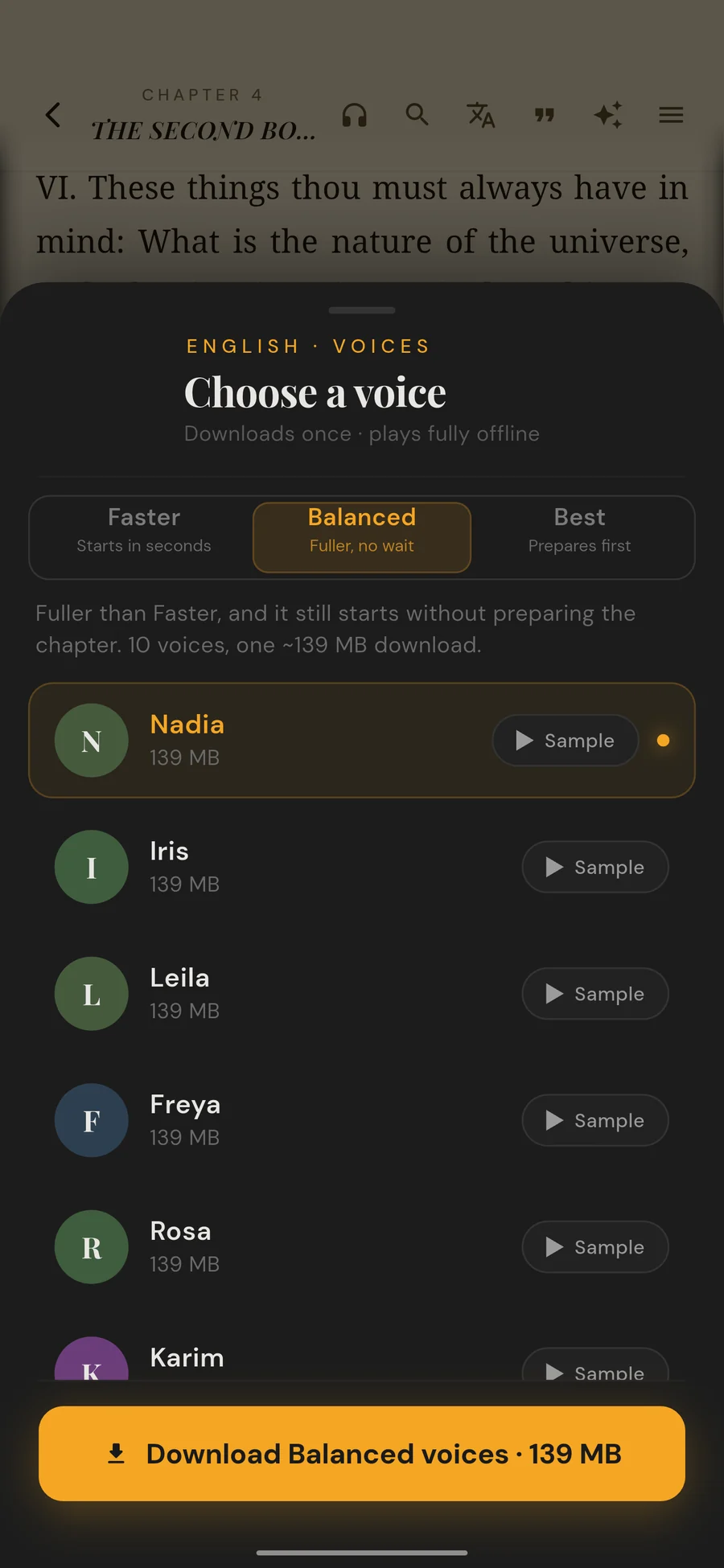 Choosing a narration voice: Faster, Balanced or Best